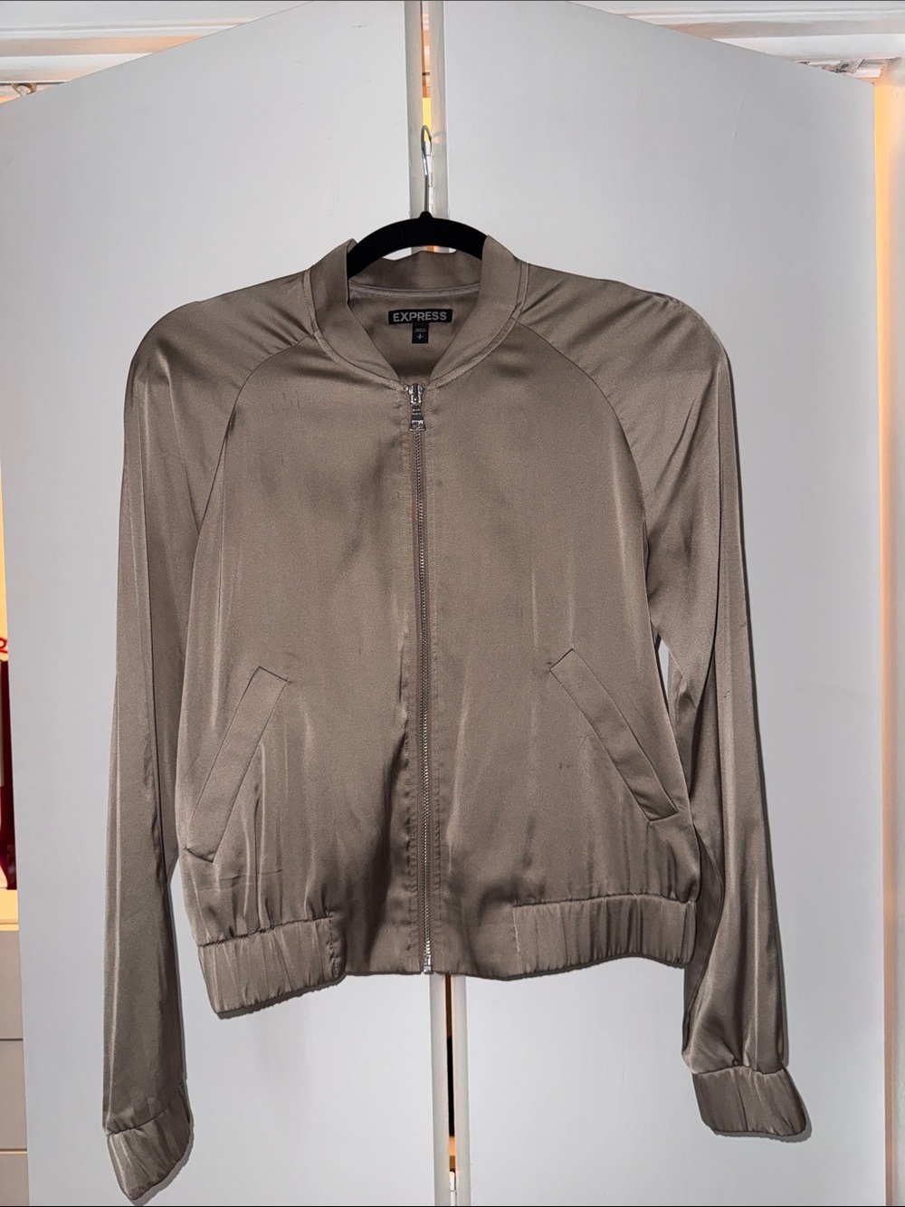 Express Taupe Satin Bomber Jacket